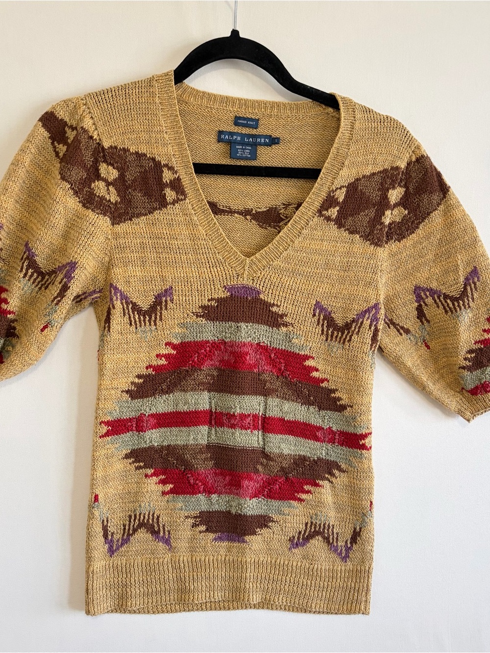 VTG Ralph Lauren Blue Label Hand-Knit Silk Linen Sweater Small Aztec Southwest